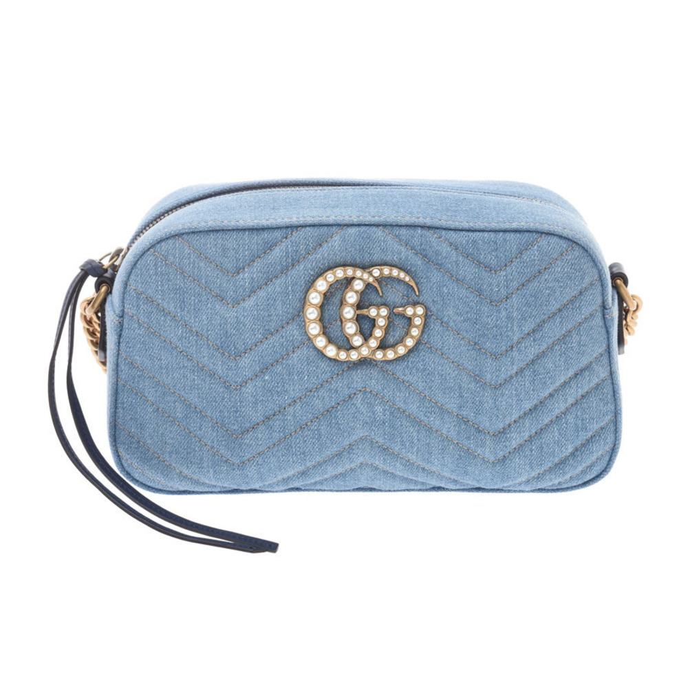Gucci GG Marmont Chain Shoulder Bag Blue Navy Denim Pearl